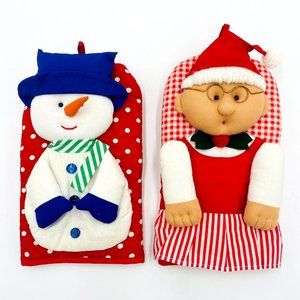 Vintage Elf and Snowman Raised Character Hot Holders Pads Hanging loop, Cotton
